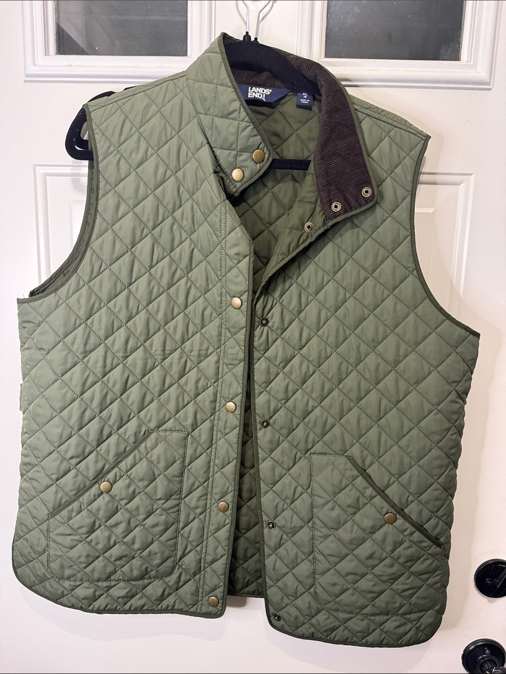 Lands' End Quilted Olive Green women’s Vest with Corduroy Collar
